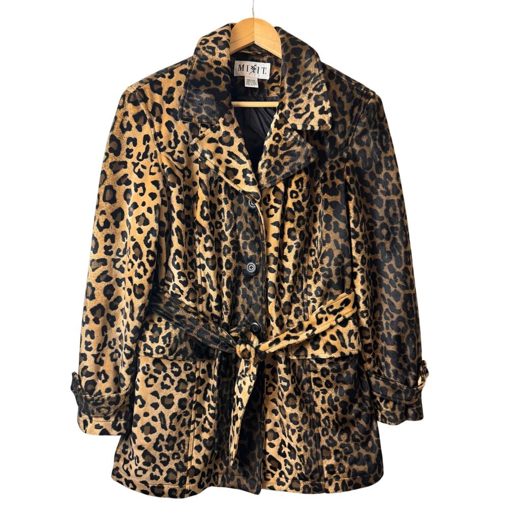 Vintage Mixit Leopard-print faux fur trench coat 90s Y2K Womens Medium Boho